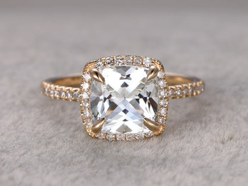 1.50 Carat Cushion White Topaz Halo Half Infinity Engagement Ring in Yellow Gold