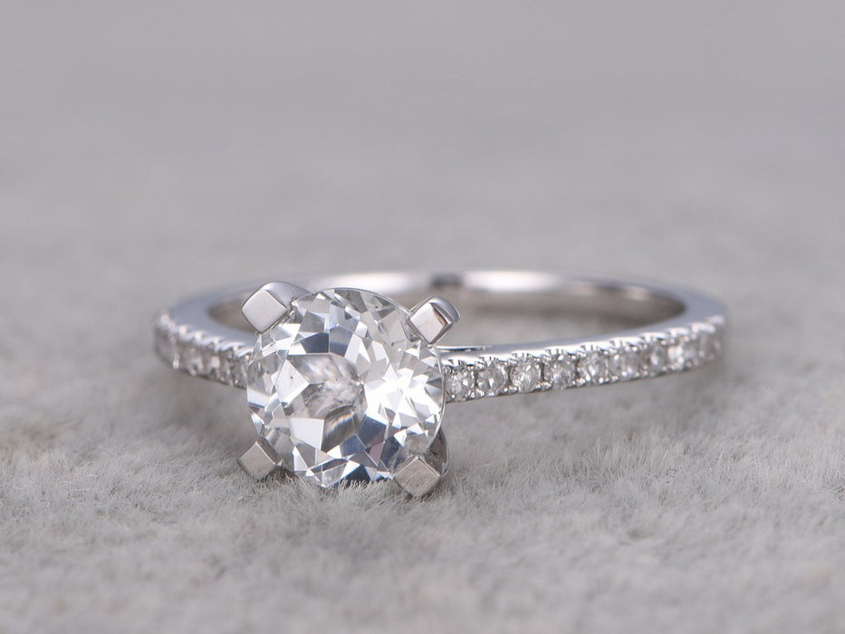 1.25 Carat Round White Topaz and Diamond Engagement Ring in White Gold