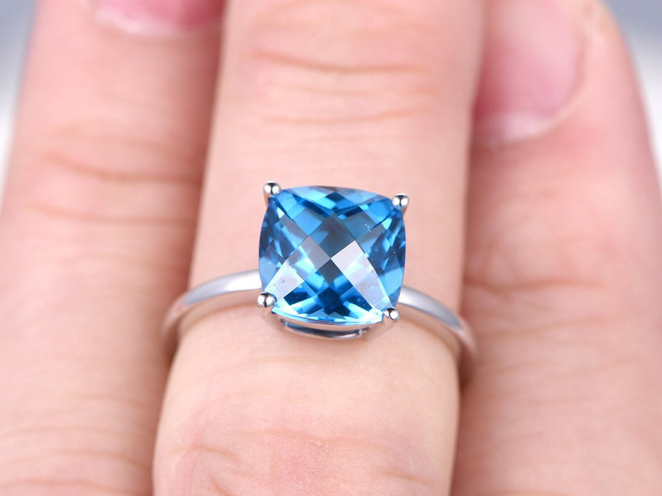 1.25 Carat Cushion Cut London Blue Topaz Solitaire Engagement Ring in White Gold