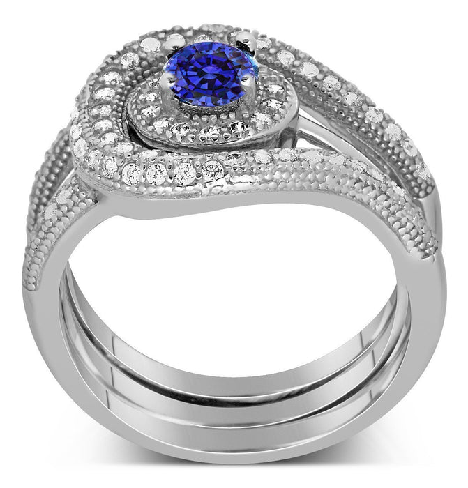 Unique and Luxurious, 2 Carat Round Cut Designer Sapphire and Diamond Wedding Ring Set in White Gold
