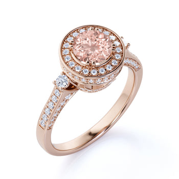 1.75 Carat Round Cut Peachy Pink Morganite and Diamond Halo Wedding Ring in Rose Gold