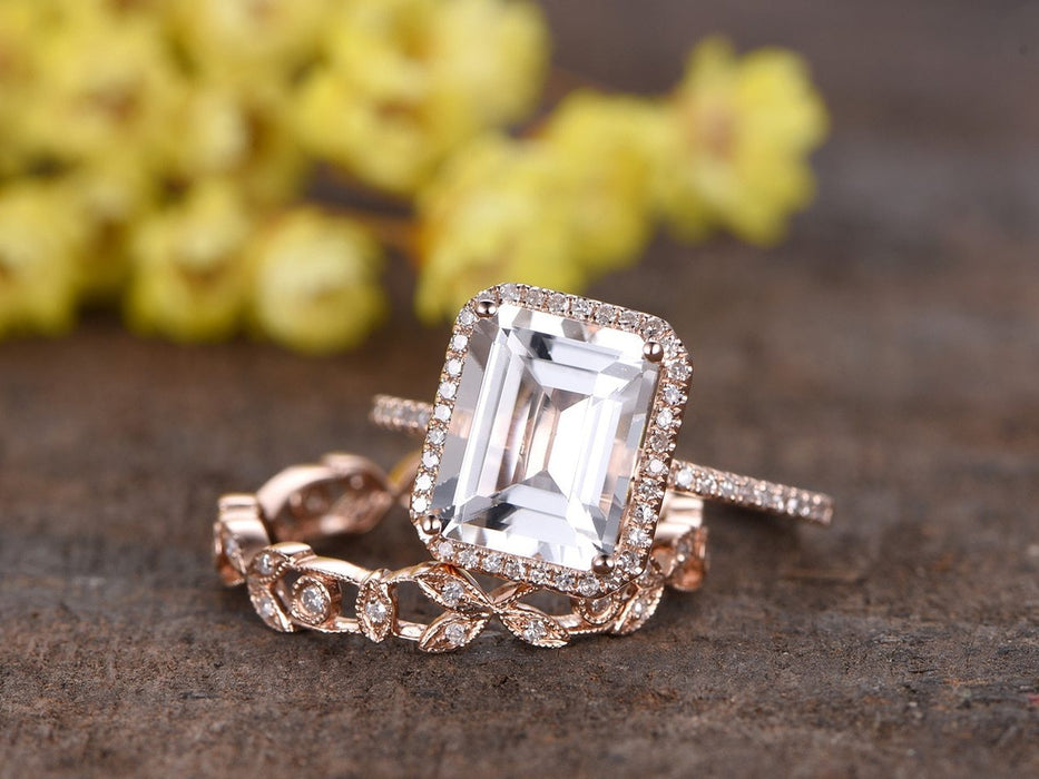 2 Carat Emerald Cut White Topaz and Diamond Art Deco Antique Flower Wedding Set in Rose Gold