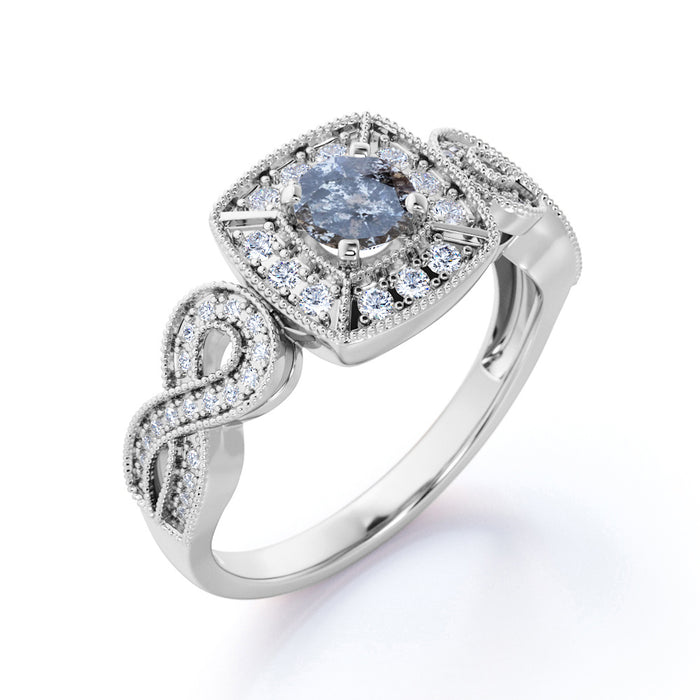 1 Carat Round Cut Dark Grey Salt and Pepper Diamond Vintage Filigree Engagement Ring in White Gold