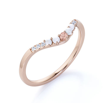 0.45 Carat Morganite, Pearl & Diamond Multi Stone Stacking Wedding Ring Band in Rose Gold